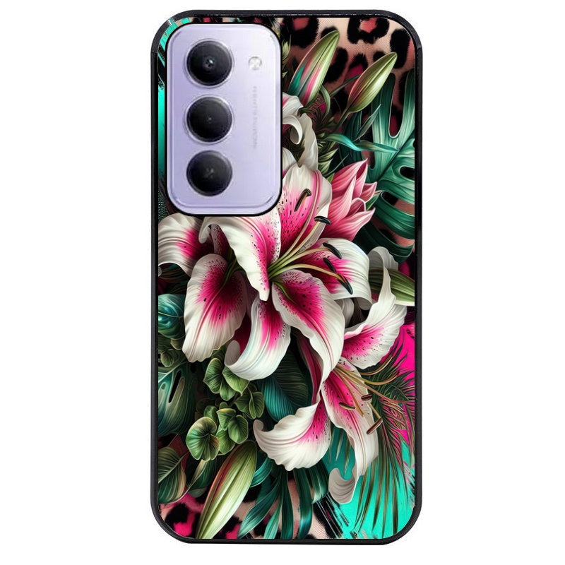 Coque noire taperso pour Redmi 15 4G et 5G avec motif leopard hibiscus protection antichoc personnalisée