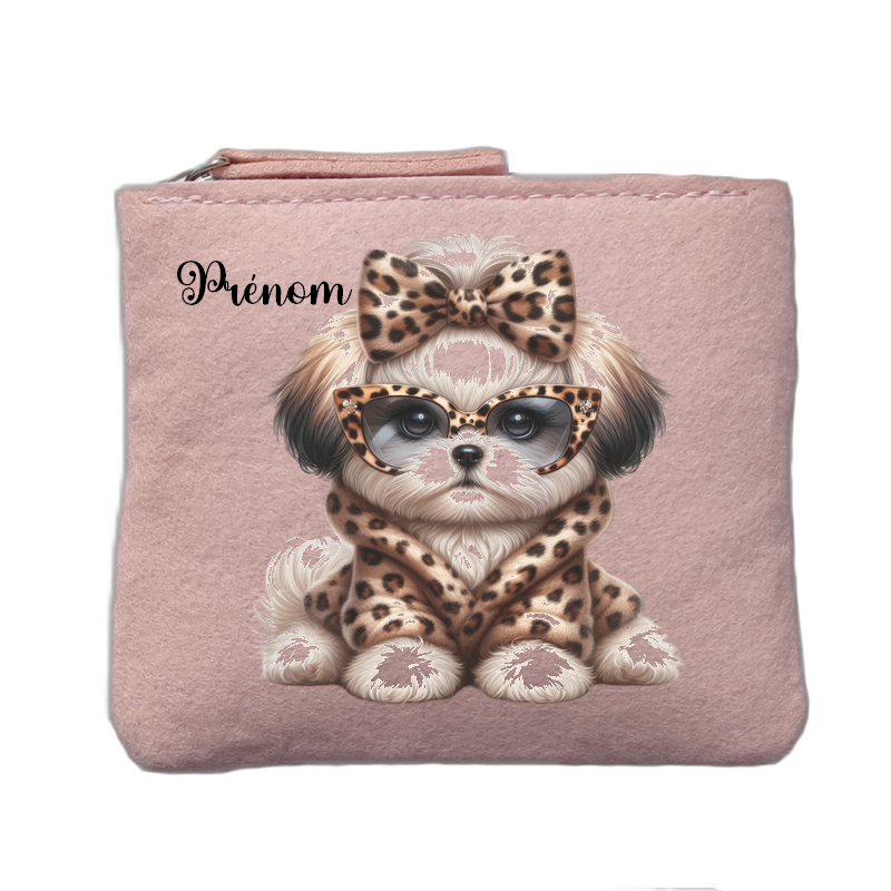 Porte monnaie personnalisé motif chien leopard rose clair en feutrine en feutrine