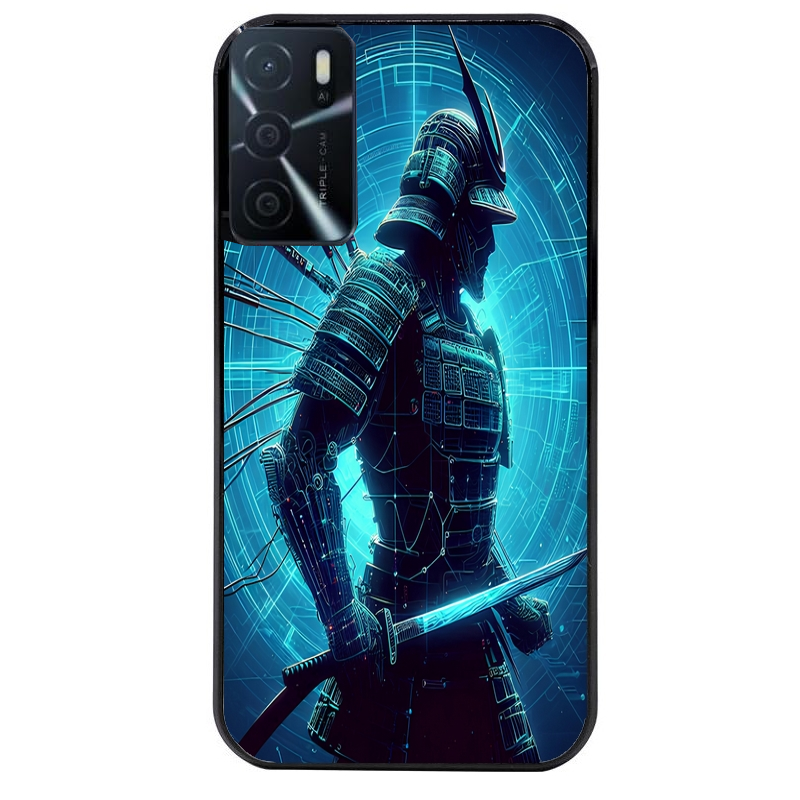 Coque noire taperso pour OPPO A16 et A16S avec motif samourai bleu protection antichoc personnalisée