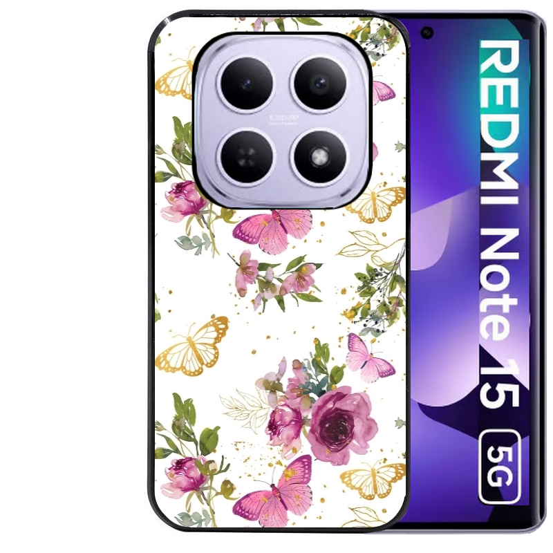 Coque noire taperso pour Redmi Note 15 et PRO PLUS 4G 5G avec motif fleur et papillon protection antichoc personnalisée