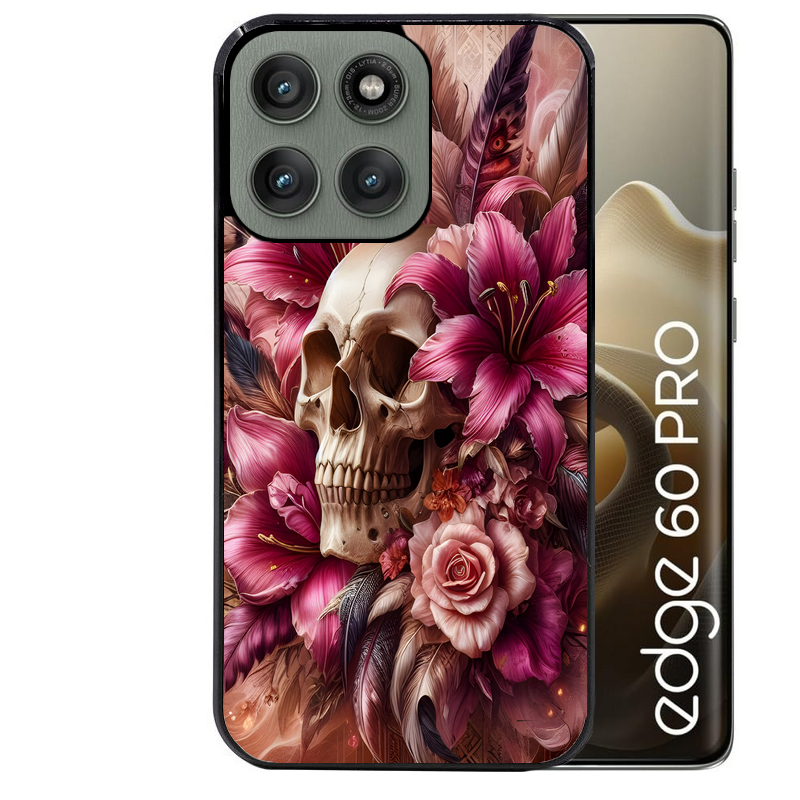 Coque noire taperso pour Moto Edge 60 et Neo Fusion Pro avec motif tete de mort skull plume protection antichoc personnalisée