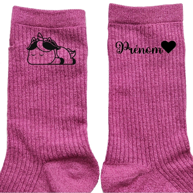 Chaussettes personnalisées paillettes rose motif licrone fainéante