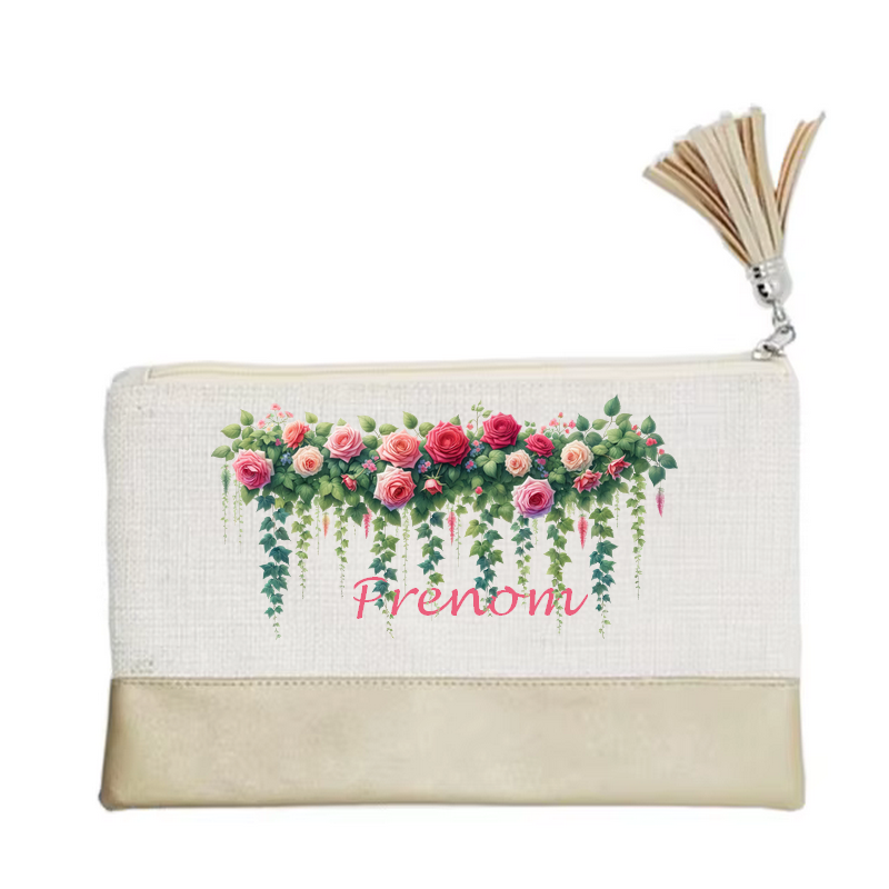 Pochette personnalisée motif fleur jardin en toile et simili cuir personnalisée