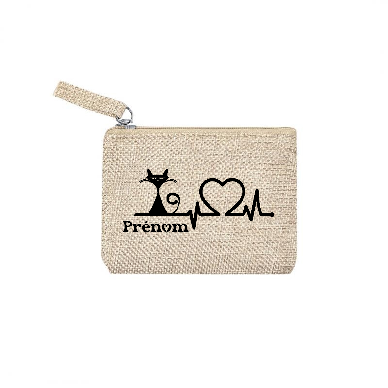 Pochette personnalisée motif chat heartbeat en toile et simili cuir personnalisée