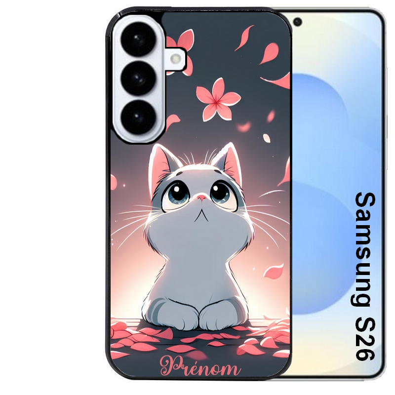Coque noire taperso pour galaxy S26 et PLUS ULTRA FE avec motif chat anime avec votre prenom protection antichoc personnalisée