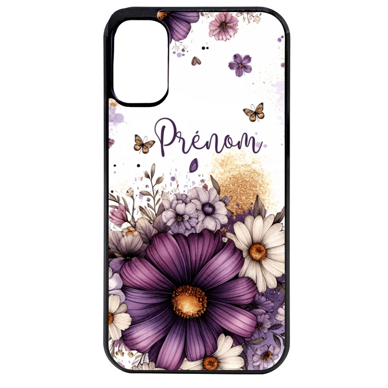 Coque noire taperso pour Moto E13 E14 E15 avec motif fleur violette personnalisee protection antichoc personnalisée