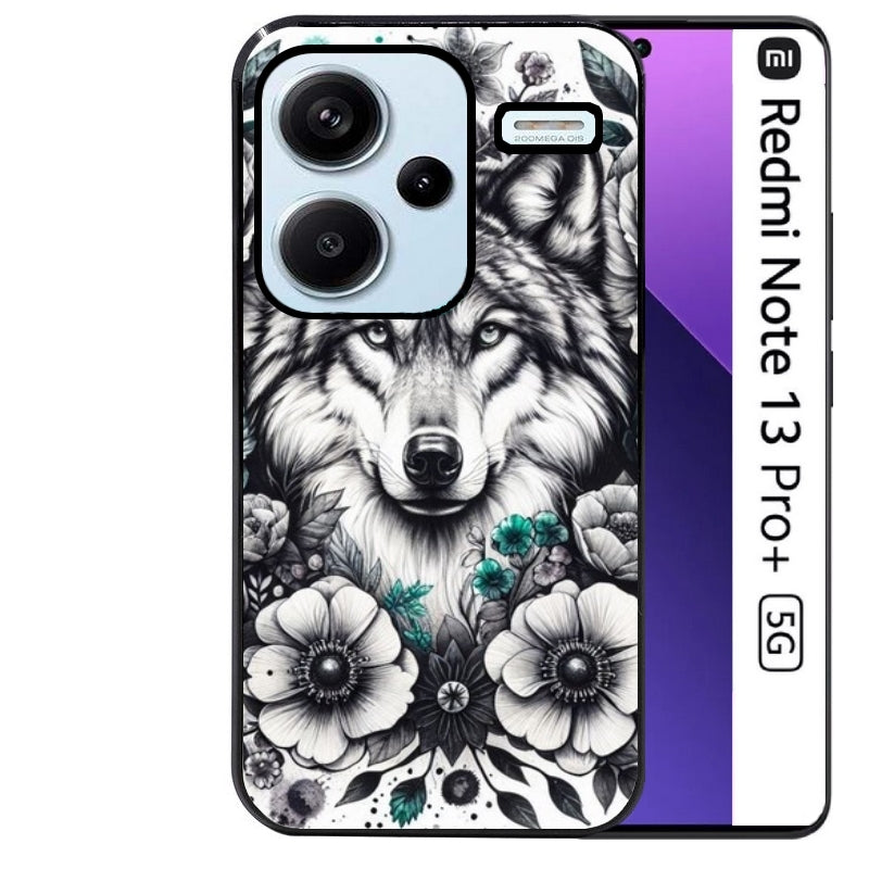 Coque noire taperso pour Redmi Note 13 PRO PLUS 5G avec motif loup et fleur protection antichoc personnalisée