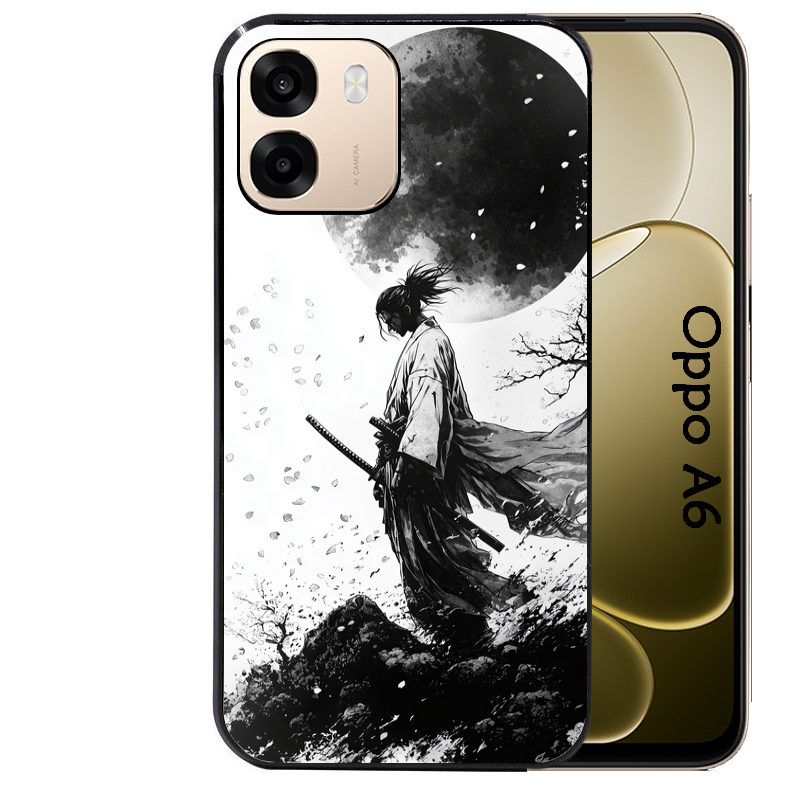 Coque noire taperso pour OPPO A6 A6X 4G et 5G avec motif samourai et lune protection antichoc personnalisée