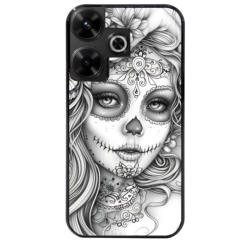 Coque noire taperso pour POCO M6 4G avec motif mort calavera tatoo protection antichoc personnalisée