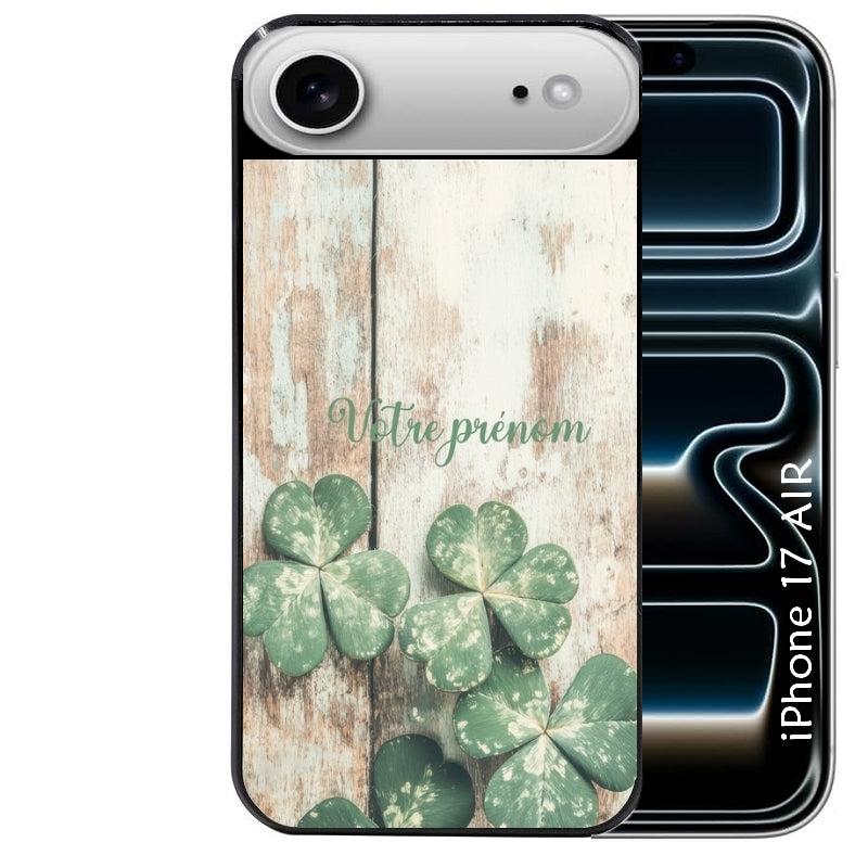 Coque noire taperso pour Iphone 17 17E AIR MAX PRO avec motif bois et trefle personnalisee protection antichoc personnalisée