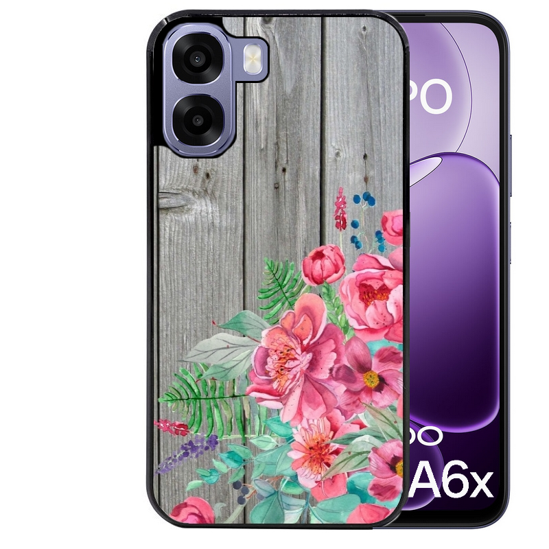 Coque noire taperso pour OPPO A6 A6X 4G et 5G avec motif bois gris et fleur rose protection antichoc personnalisée