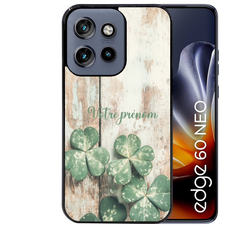 Coque noire taperso pour Moto Edge 60 et Neo Fusion Pro avec motif bois et trefle personnalisee protection antichoc personnalisée
