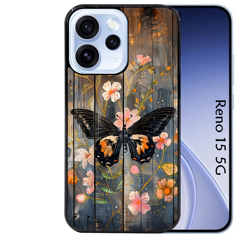 Coque noire taperso pour OPPO Reno 15 et F FS 5G avec motif bois et papillon 2 protection antichoc personnalisée