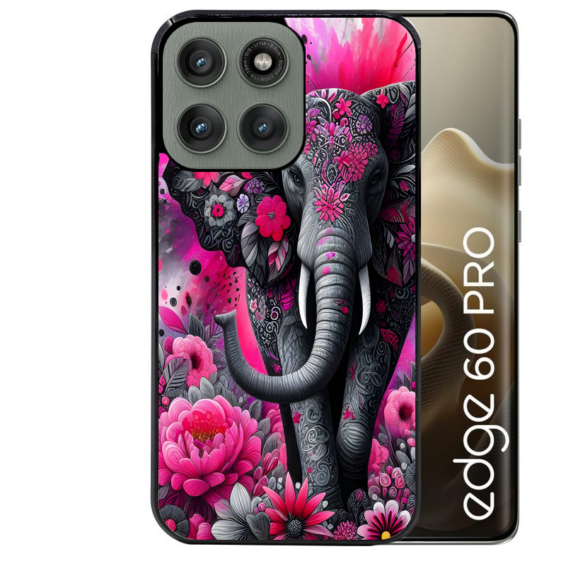 Coque noire taperso pour Moto Edge 60 et Neo Fusion Pro avec motif elephant et fleurs protection antichoc personnalisée