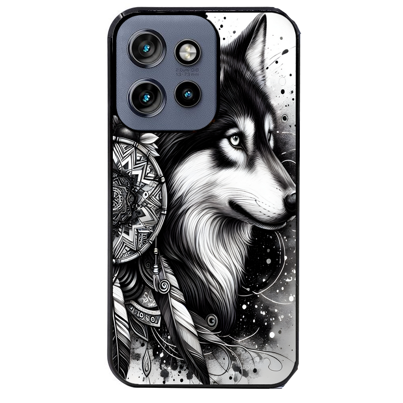 Coque noire taperso pour Moto Edge 60 et Neo Fusion Pro avec motif loup dreamcatcher protection antichoc personnalisée