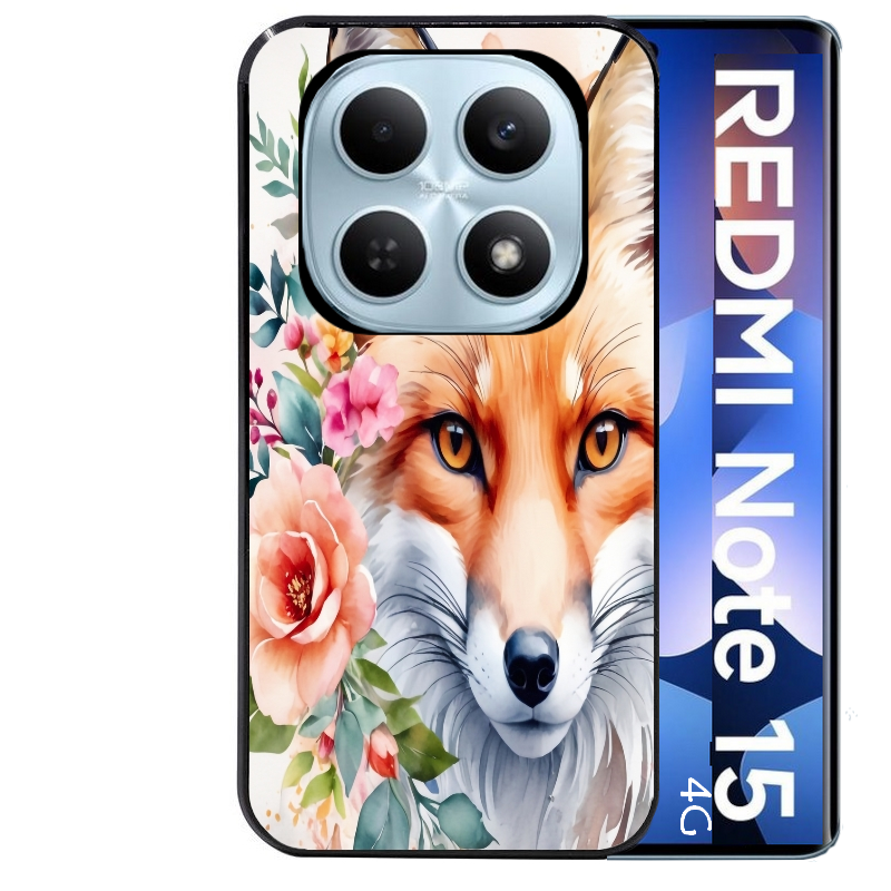 Coque noire taperso pour Redmi Note 15 et PRO PLUS 4G 5G avec motif renard fox et fleurs protection antichoc personnalisée
