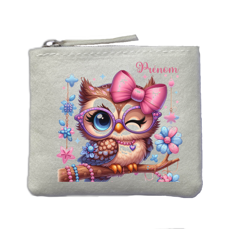 Porte monnaie personnalisé chouette lunettes ivoire en feutrine en feutrine ivoire