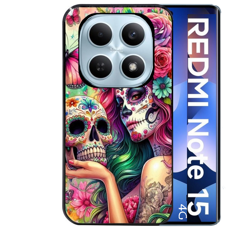 Coque noire taperso pour Redmi Note 15 et PRO PLUS 4G 5G avec motif tete de mort calavera skull protection antichoc personnalisée