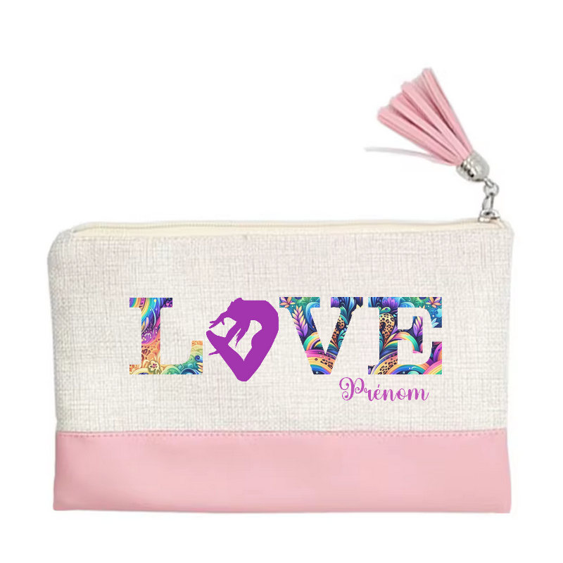 Pochette personnalisée de maquillage maniques Taperso argent avec motif gym love en toile et simili cuir personnalisée
