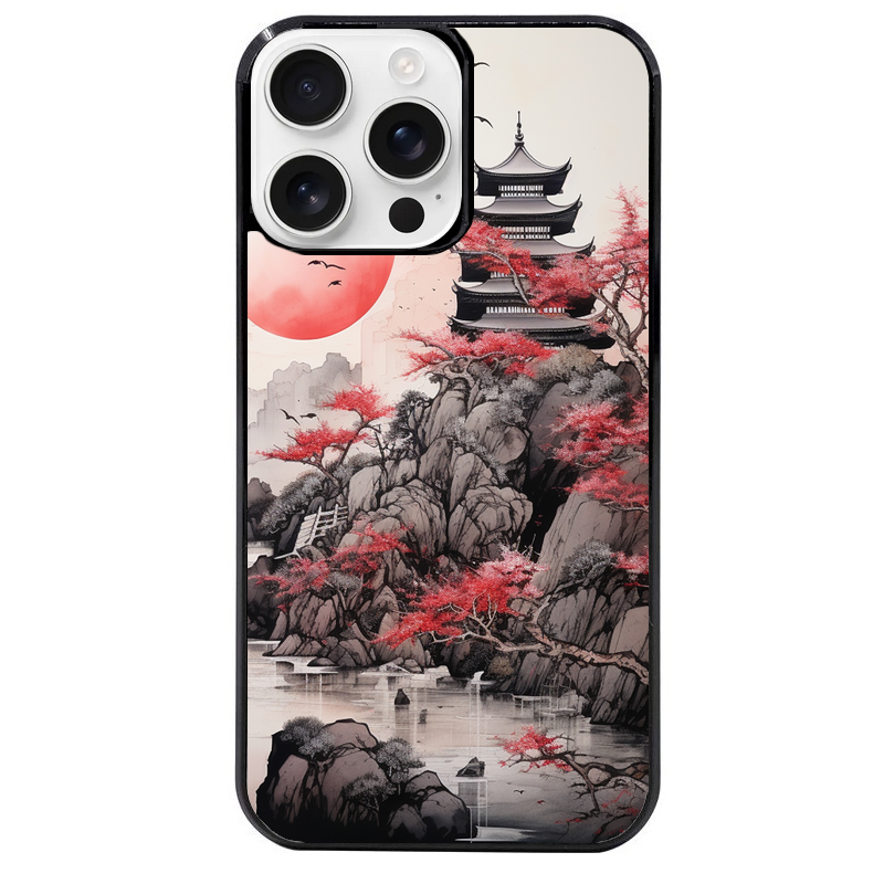 Coque noire taperso pour Iphone 16 16E PLUS MAX PRO avec motif japan et temple protection antichoc personnalisée