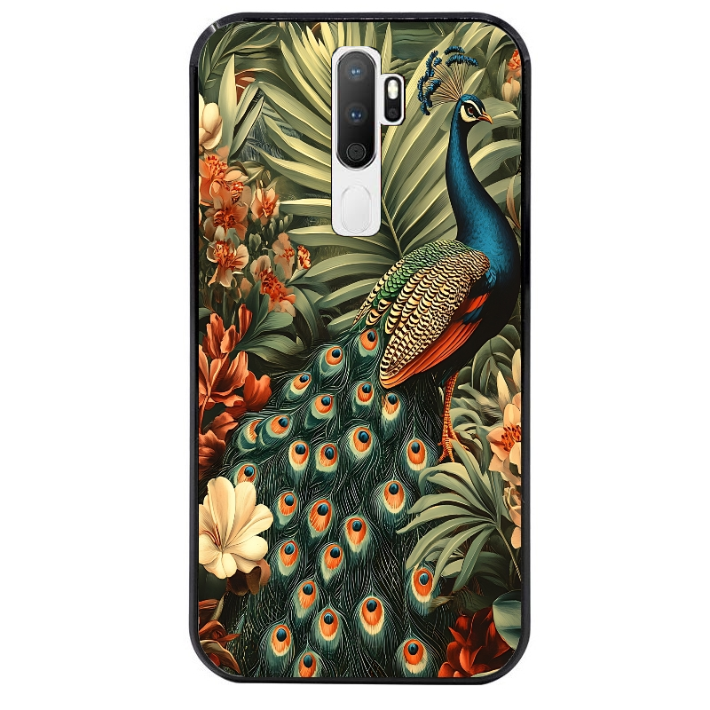 Coque noire taperso pour OPPO A5 A9 2020 avec motif paon tropical protection antichoc personnalisée