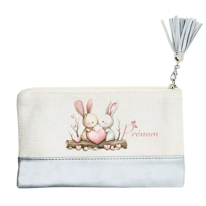 Pochette personnalisée motif lapin love en toile et simili cuir personnalisée