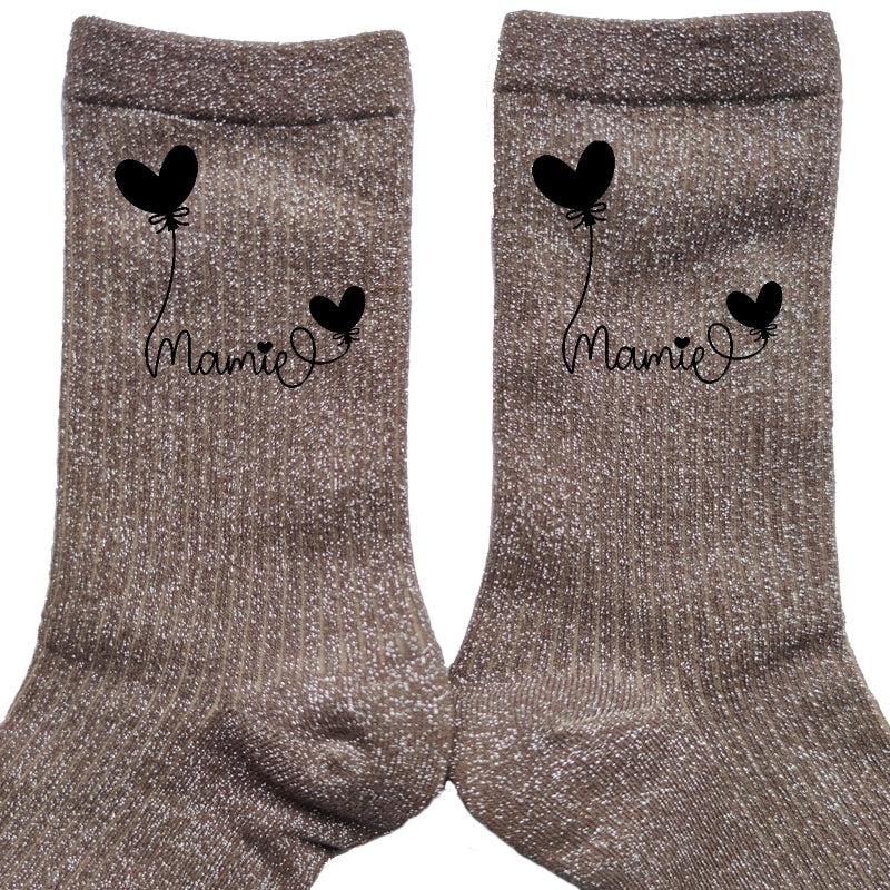 Chaussettes paillettes bronze motif mamie coeur