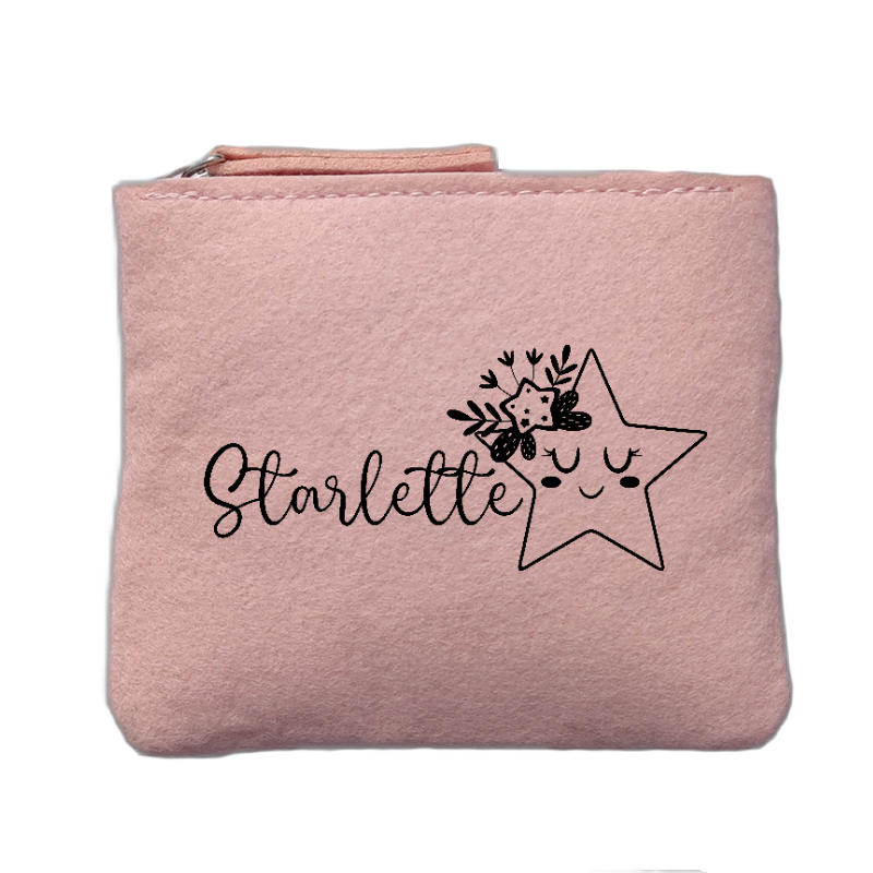 Porte monnaie personnalisé motif starlette etoile rose clair en feutrine en feutrine