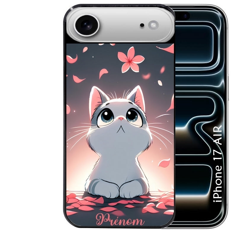 Coque noire taperso pour Iphone 17 17E AIR MAX PRO avec motif chat anime avec votre prenom protection antichoc personnalisée