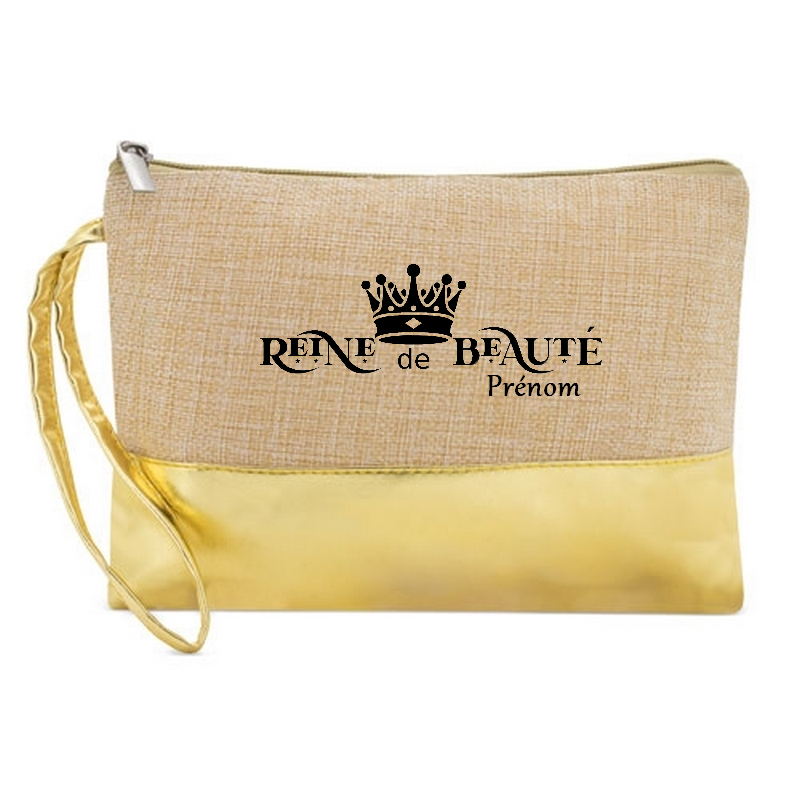 Pochette personnalisée reine de beauté en jute et doré en jute et doré
