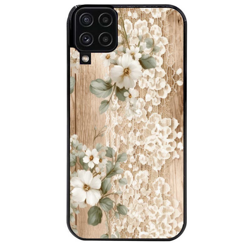 Coque noire taperso pour galaxy A22 A32 A52 A52S 4G 5G  avec motif bois et dentelle 1 protection antichoc personnalisée