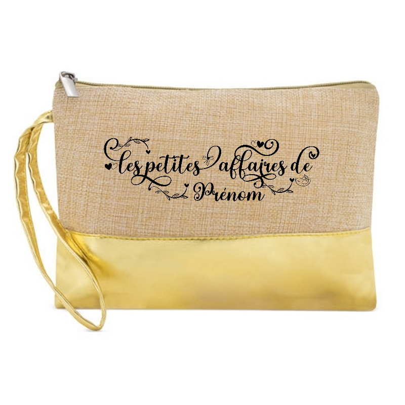 Pochette personnalisée les petites affaires en jute et doré en jute et doré