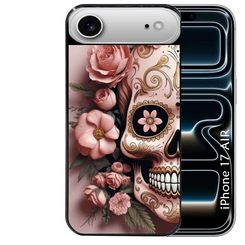 Coque noire taperso pour Iphone 17 17E AIR MAX PRO avec motif tete de mort calavera rose protection antichoc personnalisée
