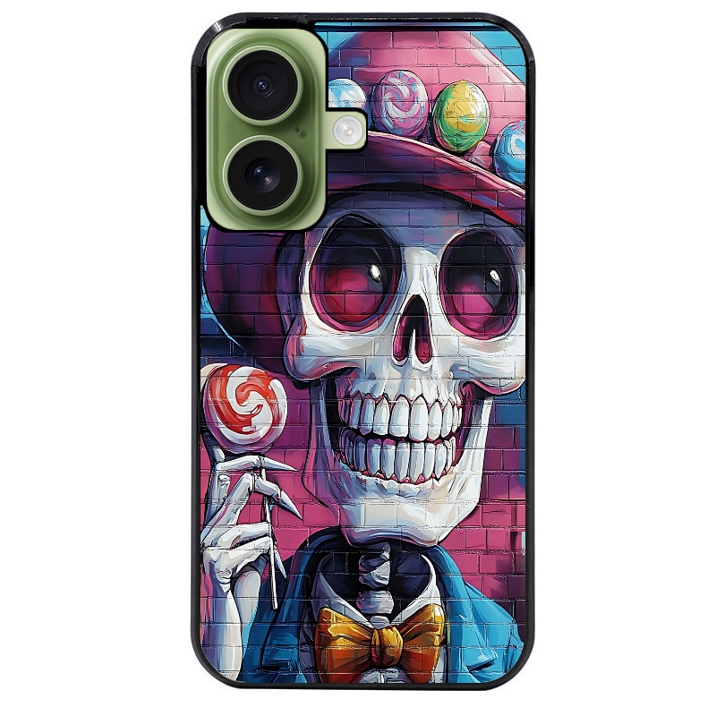 Coque noire taperso pour Iphone 16 16E PLUS MAX PRO avec motif tete de mort tag protection antichoc personnalisée