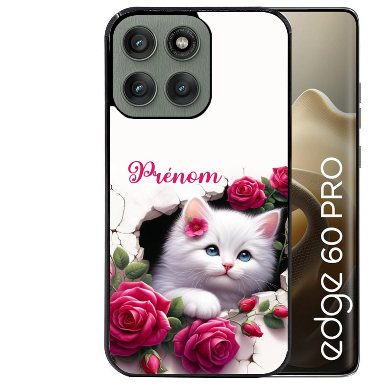 Coque noire taperso pour Moto Edge 60 et Neo Fusion Pro avec motif chat fleurs personnalisee protection antichoc personnalisée