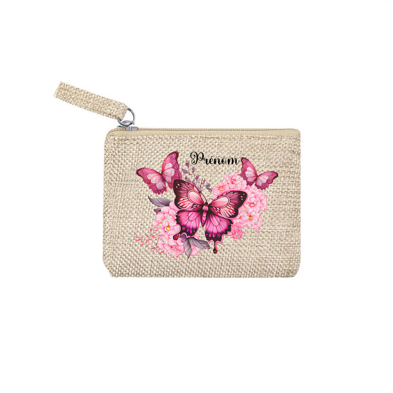 Pochette personnalisée motif papillon fleur en toile et simili cuir personnalisée