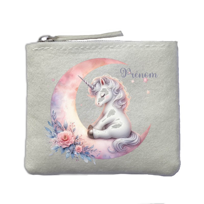 Porte monnaie personnalisé licorne lune ivoire en feutrine en feutrine ivoire