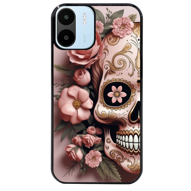 Coque noire taperso pour Redmi A1 et A2 avec motif tete de mort calavera rose protection antichoc personnalisée