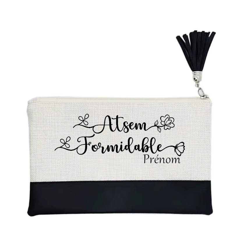Pochette personnalisée motif Atsem formidable en toile et simili cuir personnalisée