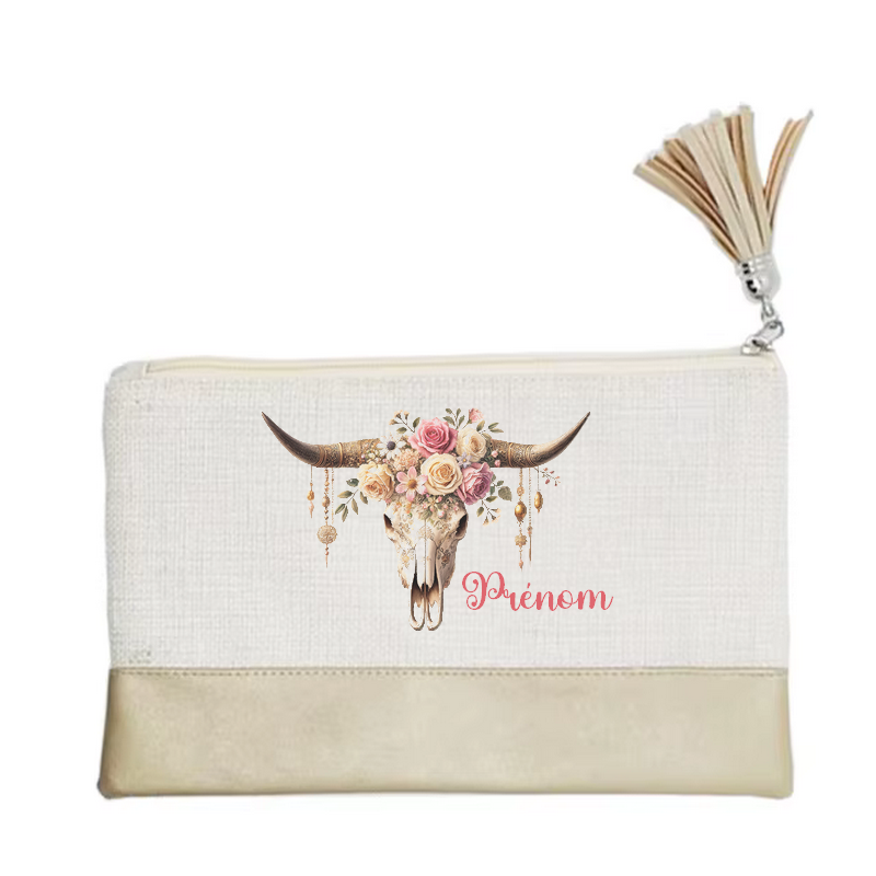 Pochette personnalisée motif skull bull fleur en toile et simili cuir personnalisée
