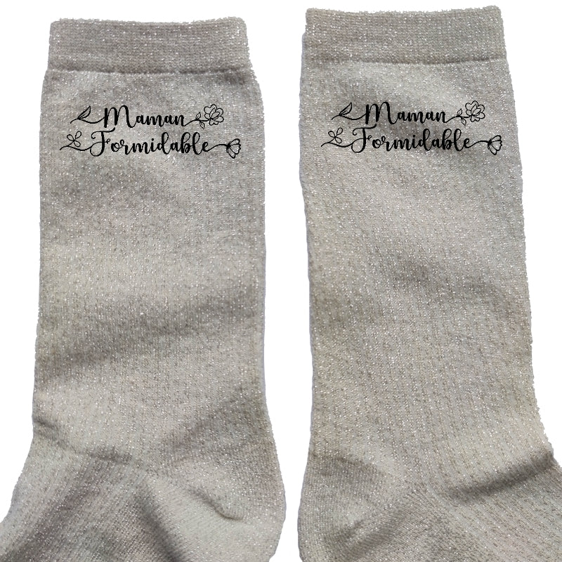 Chaussettes paillettes crème motif maman formidable
