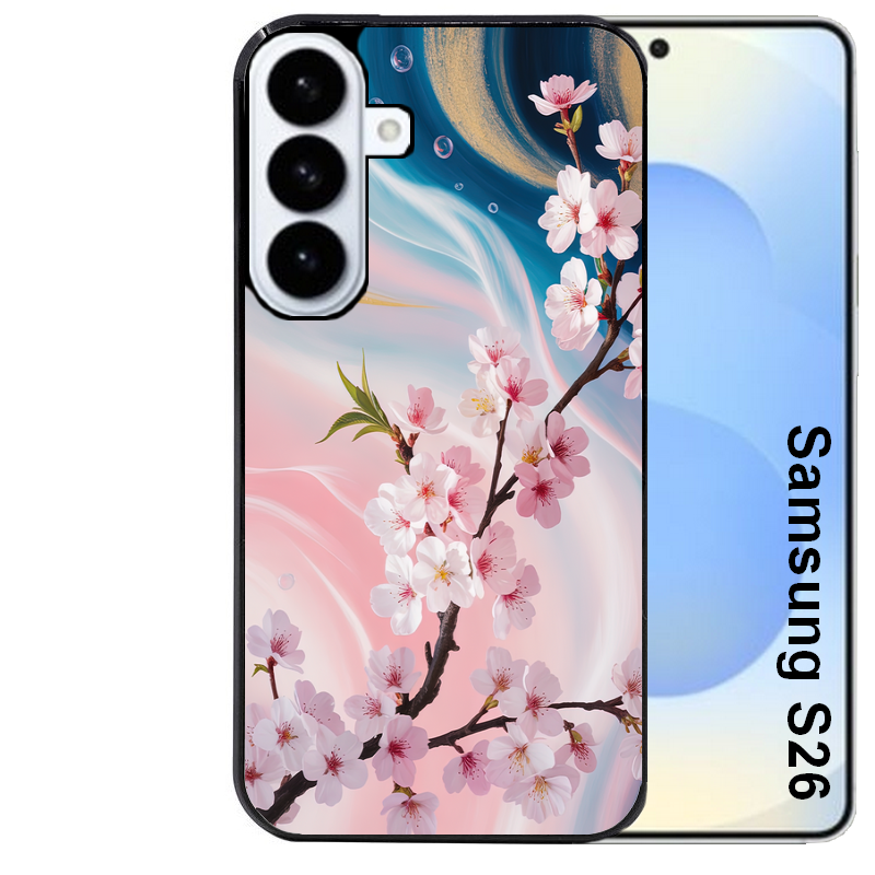 Coque noire taperso pour galaxy S26 et PLUS ULTRA FE avec motif marbre fleur cerisier protection antichoc personnalisée