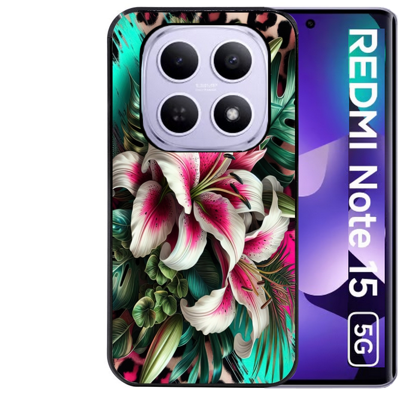 Coque noire taperso pour Redmi Note 15 et PRO PLUS 4G 5G avec motif leopard hibiscus protection antichoc personnalisée