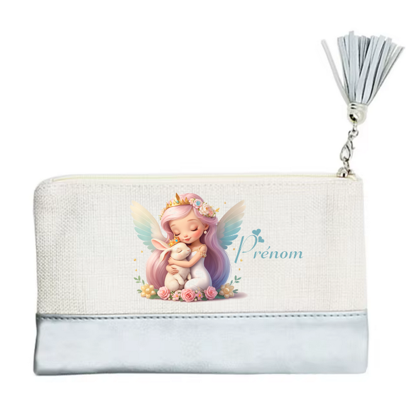 Pochette personnalisée motif fée lapin en toile et simili cuir personnalisée