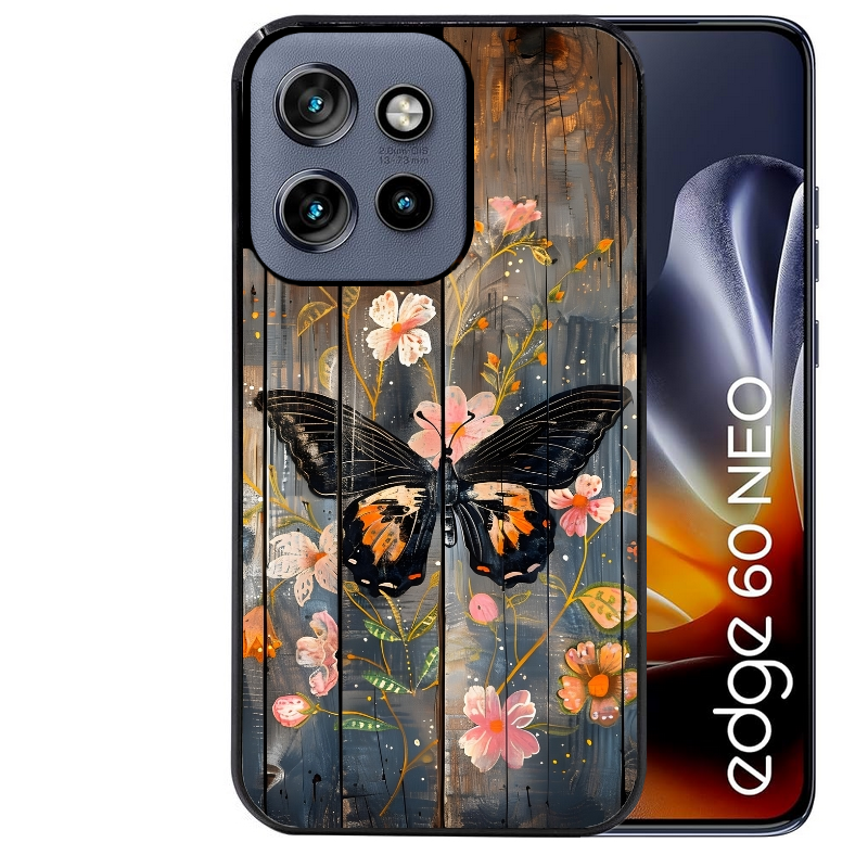 Coque noire taperso pour Moto Edge 60 et Neo Fusion Pro avec motif bois et papillon 2 protection antichoc personnalisée