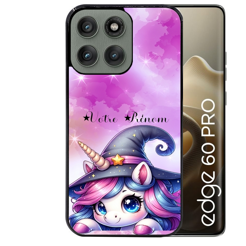 Coque noire taperso pour Moto Edge 60 et Neo Fusion Pro avec motif licorne magic avec prenom protection antichoc personnalisée