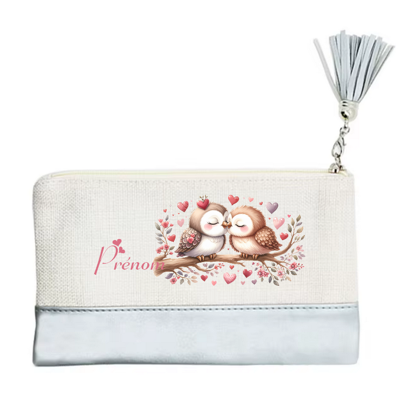 Pochette personnalisée motif chouette love en toile et simili cuir personnalisée