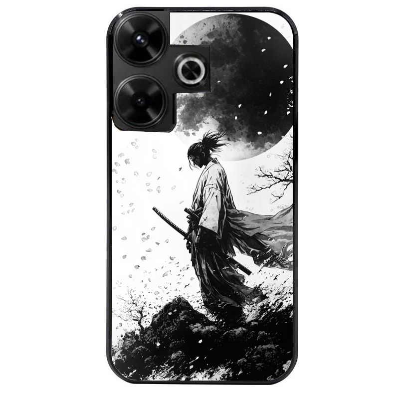 Coque noire taperso pour POCO M6 4G avec motif samourai et lune protection antichoc personnalisée