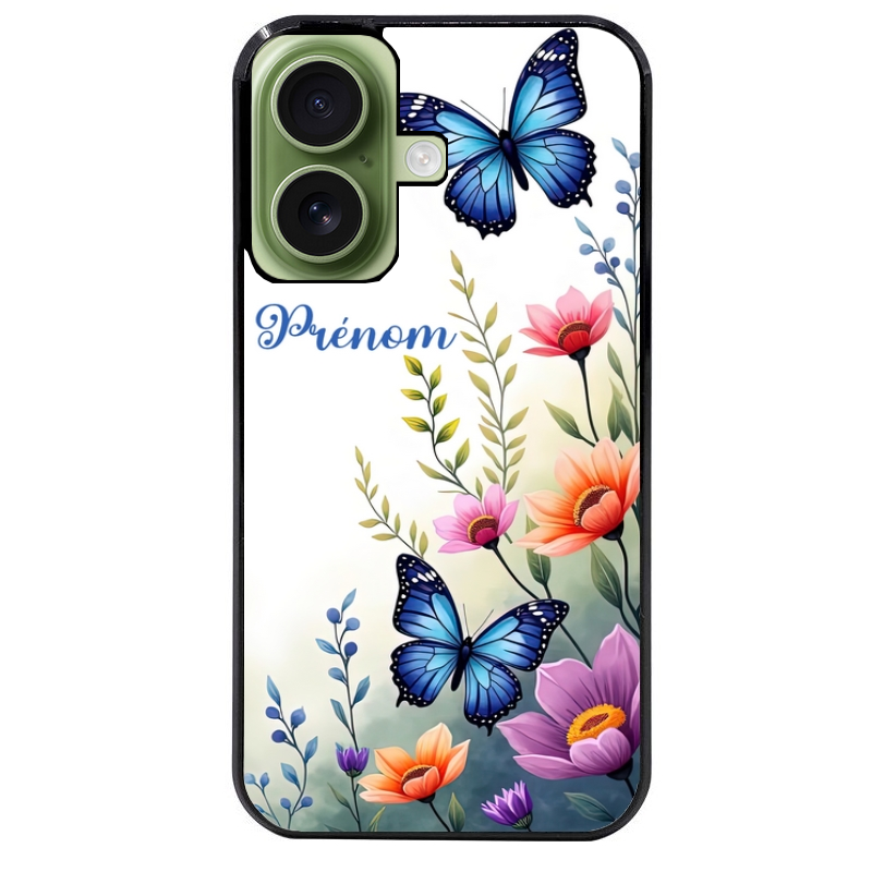 Coque noire taperso pour Iphone 16 16E PLUS MAX PRO avec motif papillon prenom personnalisee protection antichoc personnalisée