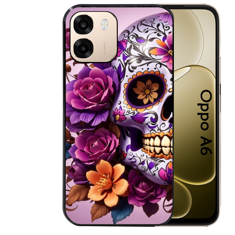 Coque noire taperso pour OPPO A6 A6X 4G et 5G avec motif tete de mort calavera violette protection antichoc personnalisée